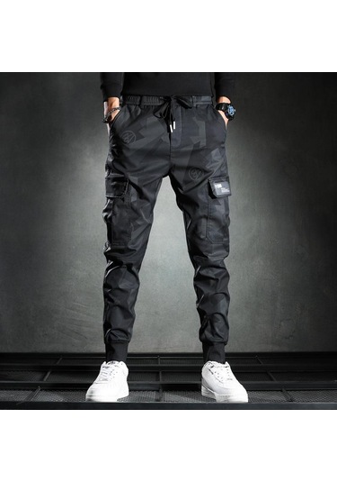 Kamuflaj Rahat Pantolon Erkek Yeni Moda Ince Elastik Bel Moda Iş Pantolonu Pantolon Siyah