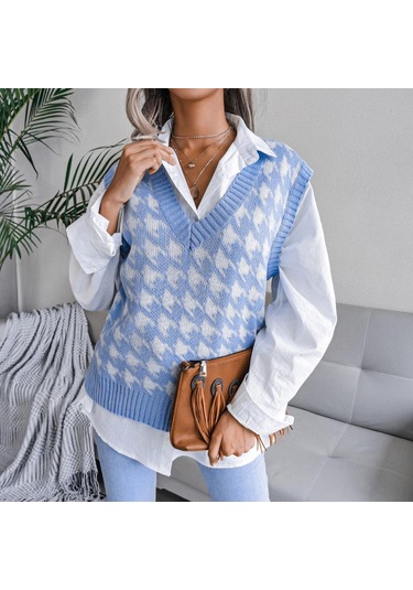 Kazak Yelek Kadın V Boyun Örme Yelek Streetwear Sonbahar Kış Vintage Giyim Rahat Gevşek Kolsuz Kazak Mavi