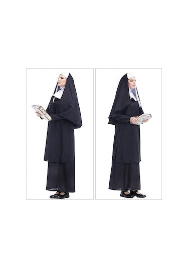 Cadılar Bayramı Kostüm Kadın Rahibe Misyoner Cosplay Giyim, Boyut: M, Göğüs: 100cm, Elbise Uzunluğu: 141cm, Omuz Genişliği: 39cm
