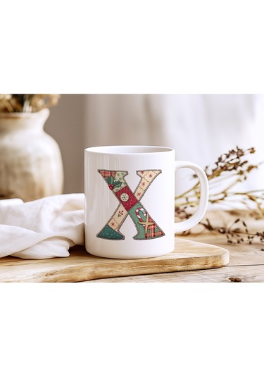 X Harfi Yılbaşı Temalı Kupa Bardak - Yeni Yıl Konsept Yamalı Efekt Tasarım - Noel Hediye Beyaz