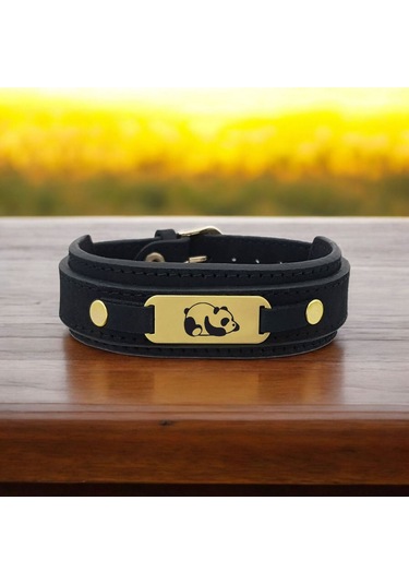 Archin Panda Temalı 14 Ayar Altın Plakalı Doğal Siyah Derili Oval Motifli Hediye Bileklik-438sembol Panda