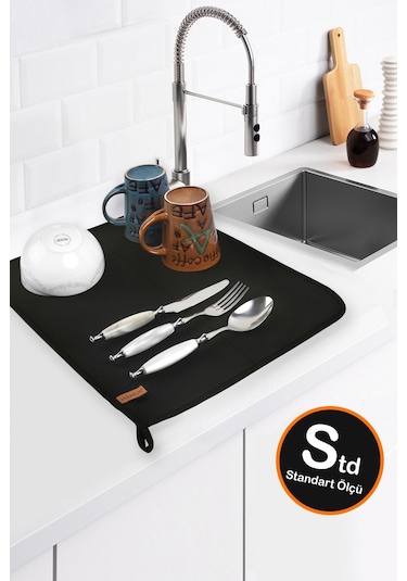 Basic S Bulaşık Kurutma Matı 46x36 cm Std Kurulama Bezi Kurutma Örtüsü Tezgah Üstü Siyah