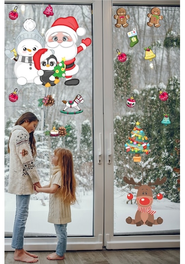 Sevimli Kardan Adam Noel Baba Ve Geyik Temalı Yılbaşı Pencere Sticker