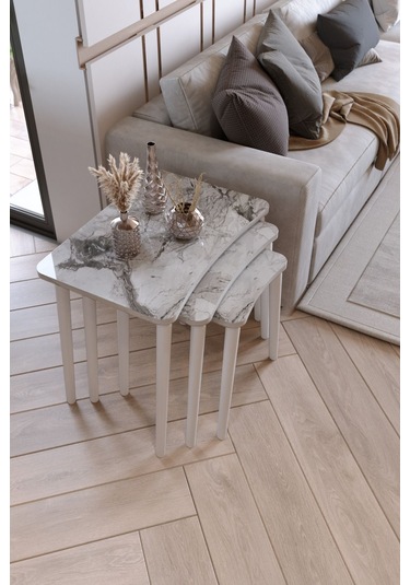 Zuesse Dizayn Beyza 3lü Zigon Sehpa & Yan Sehpa Beyaz Ahşap Ayaklı Salon Seti Çay Sehpası - Beyaz Mermer