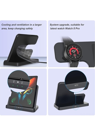 Maiyame Samsung Uyumlu Telefon, Saat Ve Kulaklık İçin 15w Hızlı Şarj, Dikey Masaüstü 3'ü 1 Kablosuz Şarj Aleti, Siyah, Avrupa Standartı