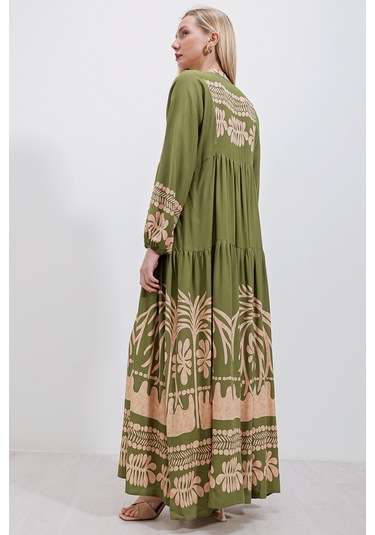 Bigdart 2423 Otantik Desenli Elbise - Haki