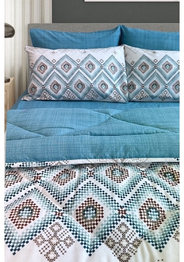 Lux Uyku Seti-tek Kişilik-lastikli Çarşaflı 2yastık Kılıflı-özel Çantada Bohemian Petrol