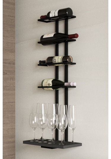 Aju Şaraplık Ve Kadeh Rafı Duvara Monte Şarap Mahzeni Modern Duvar Alkol Rafı Metal Ve Ahşap Tasarım Siyah