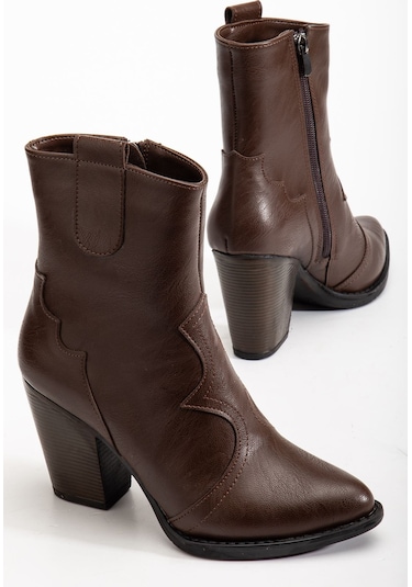 117 Kahve Kovboy Dikiş Detaylı Fermuarlı Yüksek Topuklu Günl... Kahve