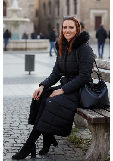 Günlük Kışlık Tam Boy Kürklü Kadın Siyah Şişme Mont Siyah