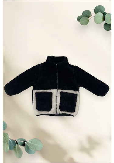 Kız Çocuk Peluş Siyah Ekru Cepli Fermuarlı Welsoft Kışlık Mont Siyah