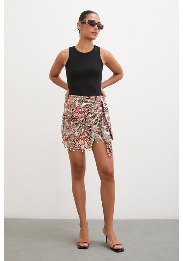 Never More Pul Aksesuarlı Bağlamalı Mini Etek Bej