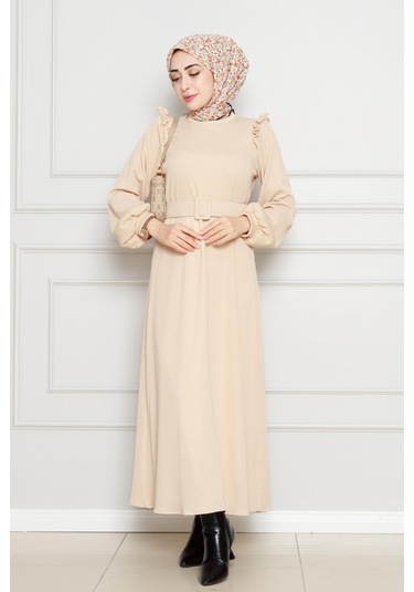 Omuzu Fırfır Kemerli Elbise-bej-4561 Bej