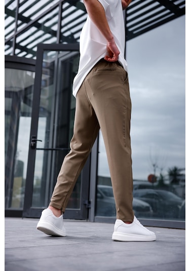 Erkek Haki Renk Esnek Likralı Fermuar Detaylı Jogger Pantolon-1749 Haki