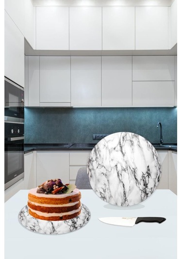 Beyaz Mermer Cam Kesme Tahtası - Sunum Tabağı Çap 20