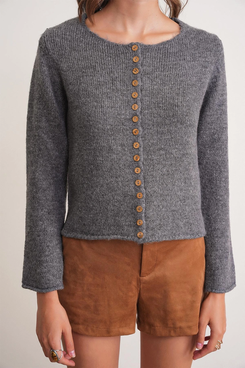 6957 Kadın Düğmeli Bisiklet Yaka Triko Hırka Antrasit Antrasit