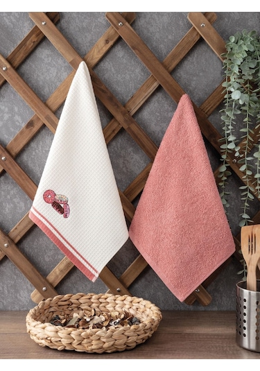 2 Li Mutfak Havlusu Kırmızı Renk Kiraz Nakışlı Kırmızı