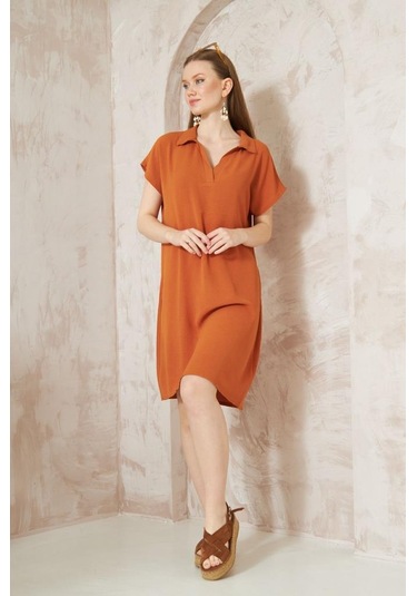 Kadın Bol Kesim Polo Yaka Kısa Kollu Günlük Kısa Midi Elbise Dizüstü 2883200 Kiremit