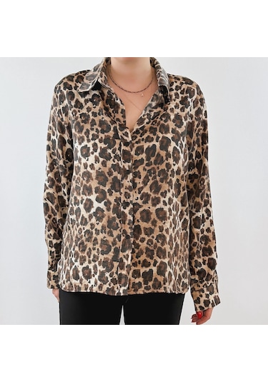Modaonna Leopar Desen Rahat Kalıp Gömlek Kahverengi