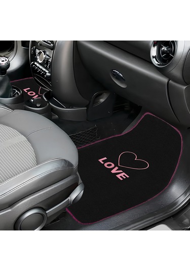 Kalp Ve Aşk Desenli Pembe Nakışlı 5'li Oto Halı Paspas Seti Love Yazı Detaylı Araba Paspas Takımı
