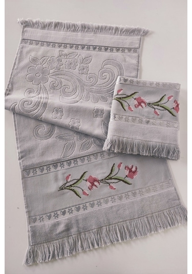 Gül Nakışlı Jakarlı Kadife El Yüz Havlusu - 50x90 Cm-gri Grı Gri