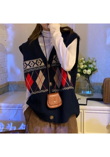 Moda V Yaka Örme Yelek Kadın Sonbahar Yeni Gevşek Montaj Vintage Hırka Kolsuz Üst Lacivert