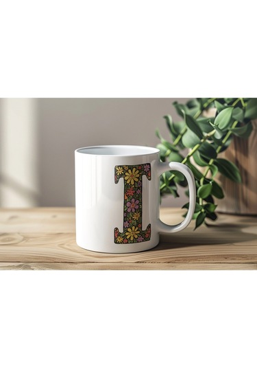 I Baş Harf Çiçek Desenleri İle Natural Tarz Kupa Bardak - Kişiye Özel Çiçekli Kahve Çay Bardak - Beyaz