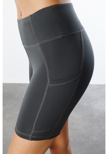 Yüksek Bel Toparlayıcı Çift Cepli Biker Şort Kısa Spor Tayt Kısa-tayt Füme