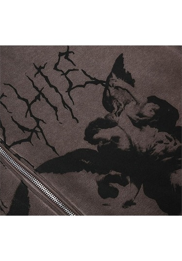 Novahub Kadın Vintage Melek Baskı Kapüşonlu Zip Up Uzun Kollu Cep Kazak Kırmızı Sonbahar/kış Kırmızı