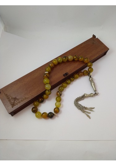 Yeşil Damarlı Akik Taşı Tespih Ahşap Kutulu / 10 MM Doğaltaş Tesp