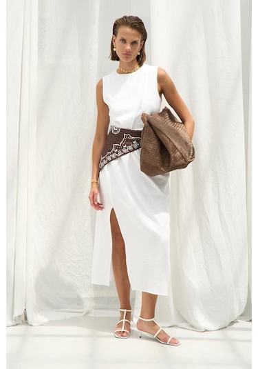 Nauvè Beyaz Keten Elbise