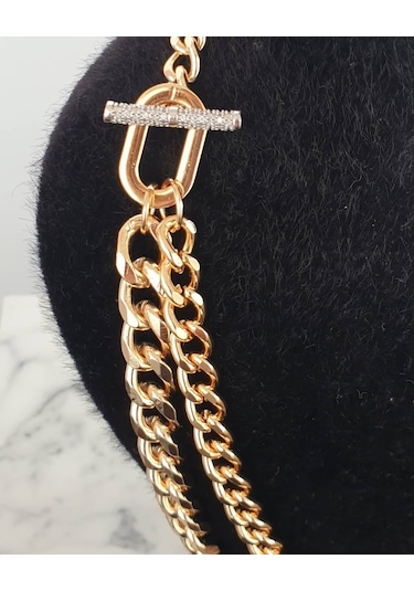 Gurmet Zincir Model Zirkon Taşlı Kararmaz Altın Kaplama Gold Ikil Altın