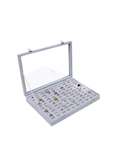 Özer Kutu Camlı Kapaklı Batırlmalı 100 Lü Yüzük Tablası Gri Süet Gri