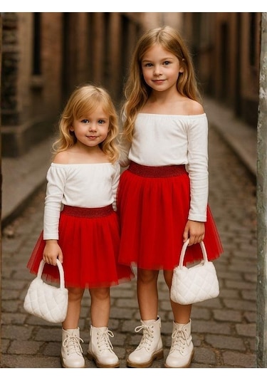 Kız Çocuk Beli Lastikli Tütü Etek-16227 Kırmızı