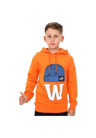 Çocuk Bere Baskılı Ve İşlemeli Kapüşonlu Sweatshirt-13410-turuncu Turuncu