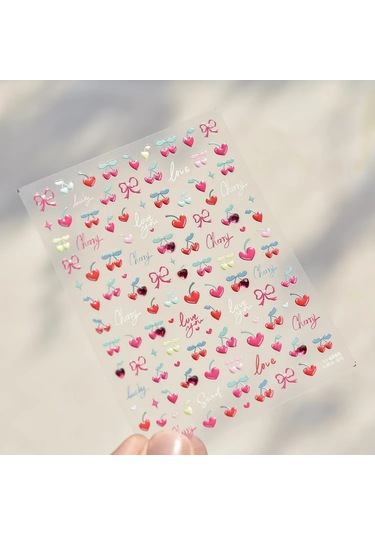 Güzel Kırmızı Meyve Çilek Kiraz Ilmek Aşk Kalp Yıldız İpek Kurdele 5d Nail Art Çıkartmalar Şık Kendinden Yapışkanlı Manikür Çıkartması Bronz Kırmızı