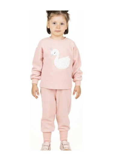 Kız Çocuk Kuğu Desenli Peluş Sweatshirt-13510 Pudra