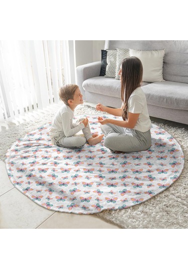 Kelebek Desenli 60 İnç Yuvarlak Flanel Battaniye, Yumuşak, Hafif, Ev Seyahat Butterfly Cartoon White