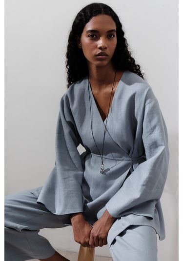 Keten Kruvaze Kapama Kimono Mavi Mavi