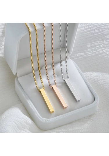 Dikdörtgen Rose Gold Çelik Plaka Kolye Gri