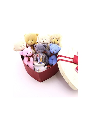 Sevgiliye En Tatlı Hediye Seti Peluş Ayıcık Kalpli Kutuda 7 Mini Peluş Ayıcık Işıklı Kar Küresi Seti