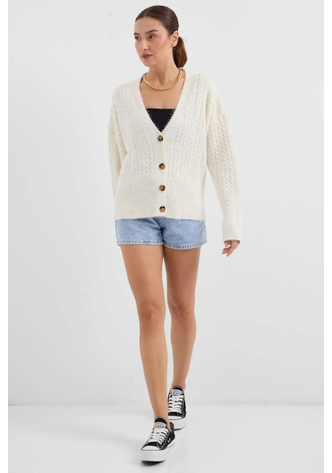 Gabria Örgülü Düğmeli Hırka Ekru