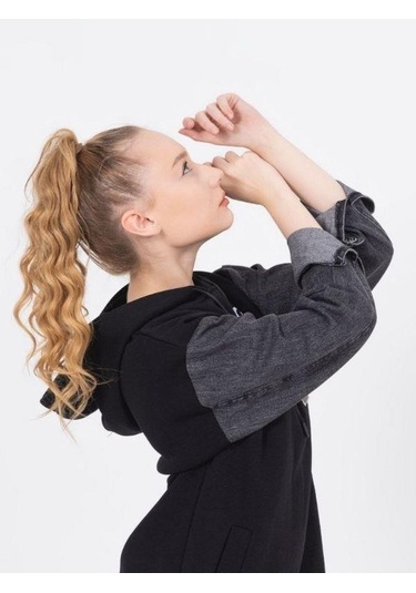 Kız Çocuk Kapüşonlu Kolları Kot Sweat Elbise-13452-siyah Siyah
