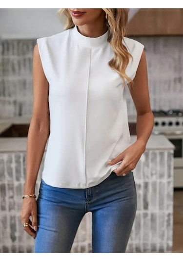 Soonaksesuar Kadın Kısa Reglan Kollu Yarı Balıkçı Yaka Ithal Krep Bluz Beyaz