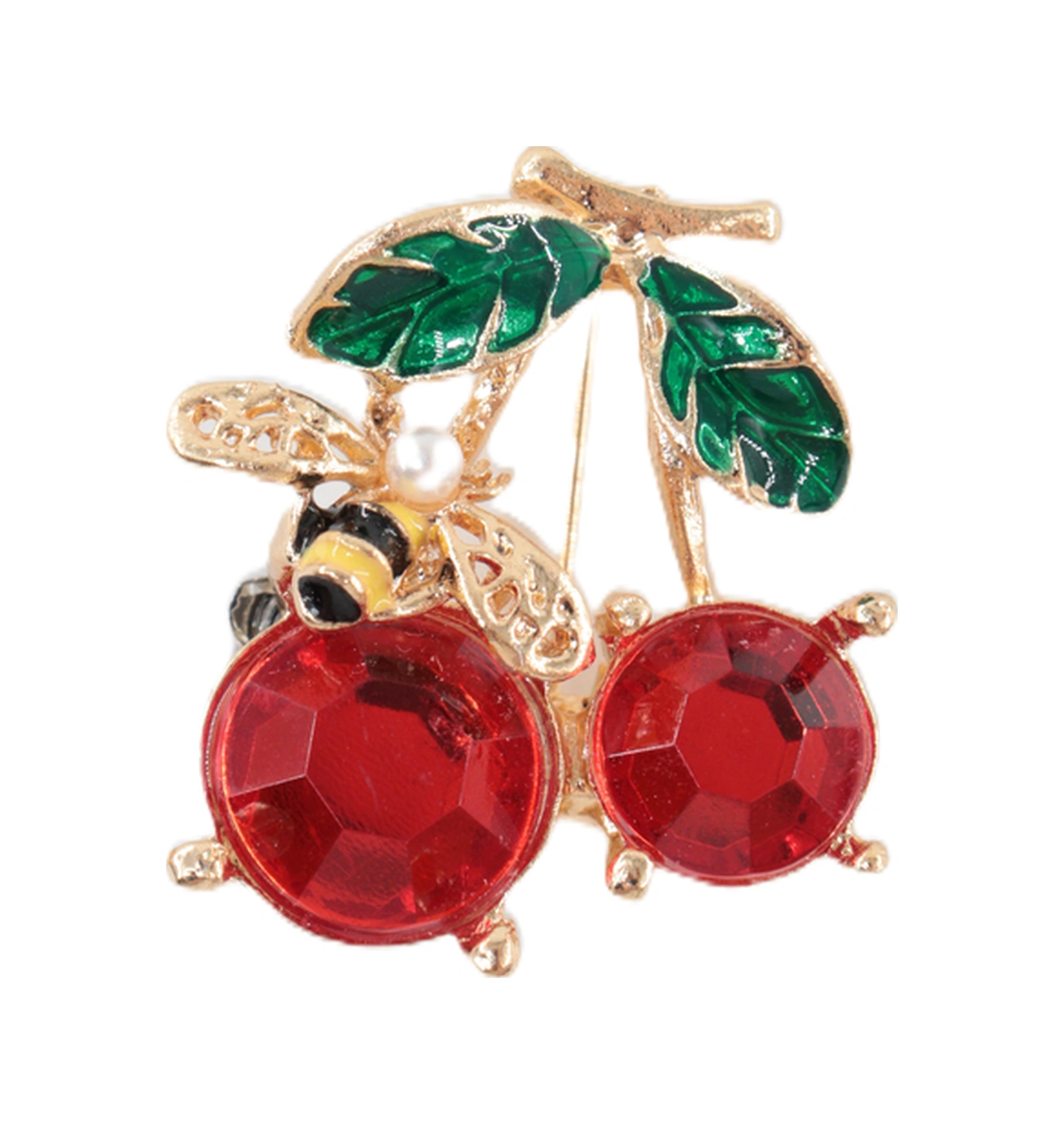 Yazın Neşesi Arılı Kiraz Broş. Altın Dallı Kristal Taşlı Yakut Renkli Kiraz Arı Kadın Yaka İğnesi Gold Kıımızı