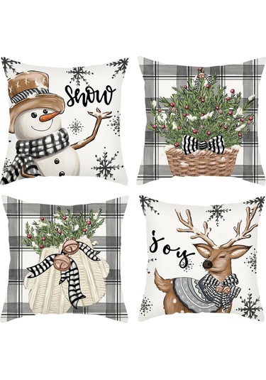 Vkemall 4 Adet Kış Dekoratif Yastık Kılıfı - 45x45 Cm, Geyik Ve Karbon Figürleri, Noel Temalı Yastık Örtüsü Seti Bej
