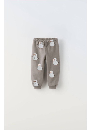 Kardan Adam Desenli Pamuklu Sweatshirt Jogger Eşofman Alt-üst Takım Açık Gri