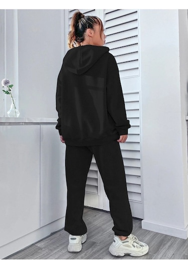 Happiness Eşofman Takımı Sweatshirt Jogger - Siyah Baskılı Oversize Şardonlu Kapüşonlu Siyah