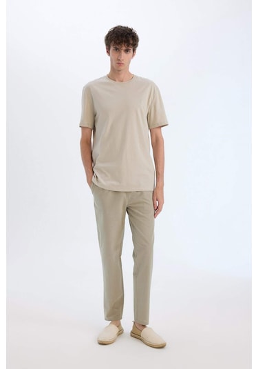 DeFacto %100 Pamuk Keten Görünümlü Yazlık Jogger Pantolon Dar Paça Beli Bağcıklı Lastikli Cepli Z6475AZ25SPKH404