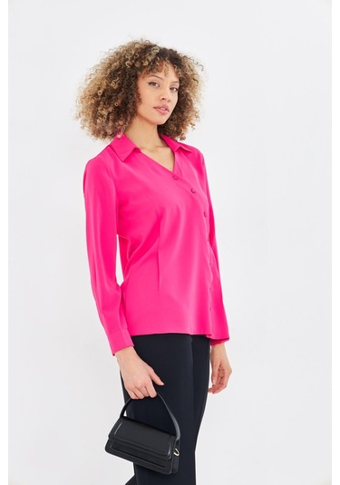 Asimetrik Pile Detay Gömlek Fuşya Fuşya